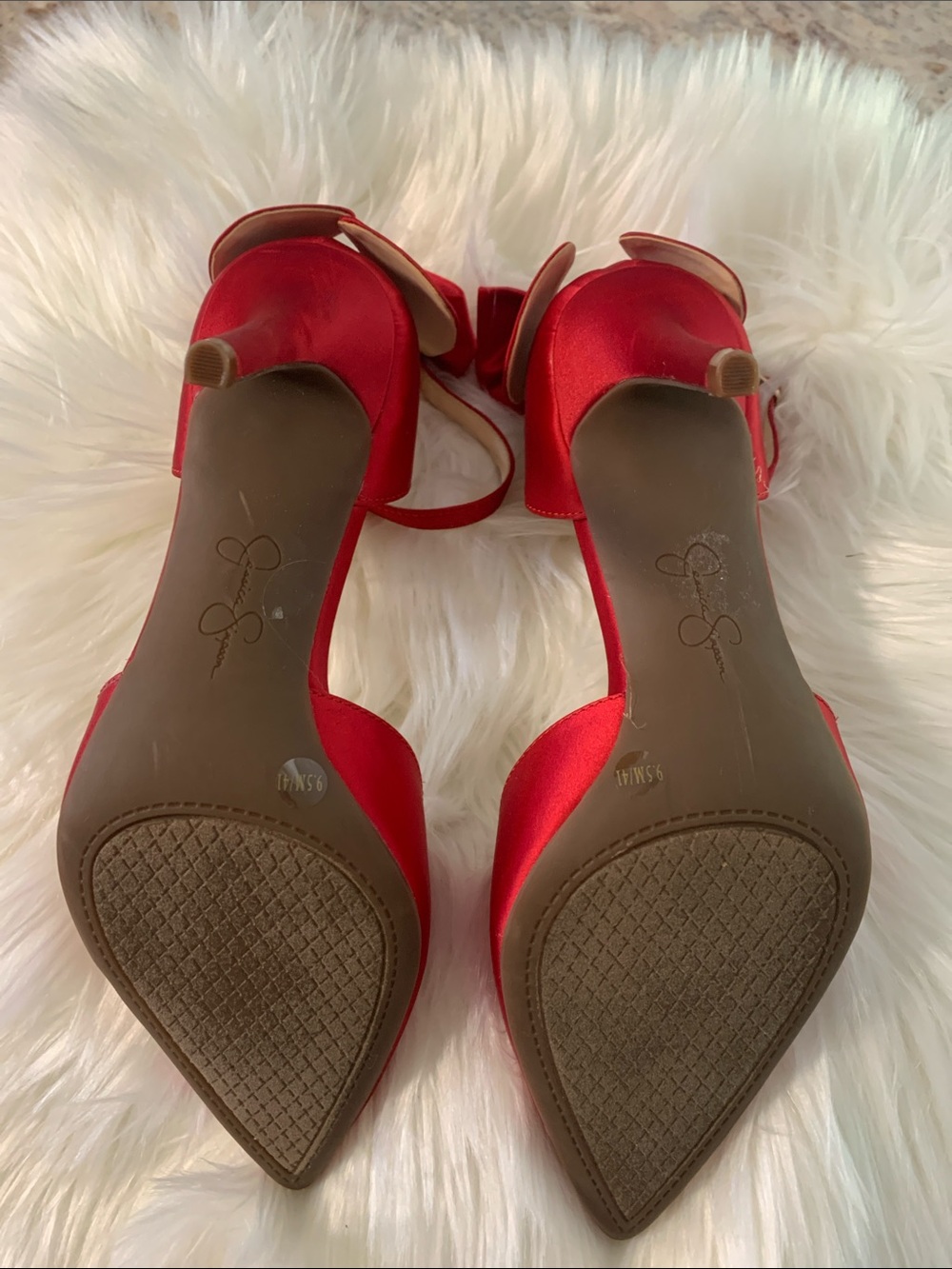 Red Satin Pointed-Toe Ankle-Strap Heels with Bow Accent by Jessica Simpson 9.5M - Picture 3 of 10
